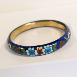 Vintage Cloisonne Bangle Bracelet Cobalt Blue Floral